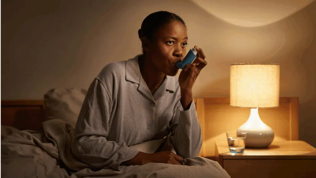 adult sitting upright in bed at night using an asthma inhaler under soft bedroom lighting indoors at