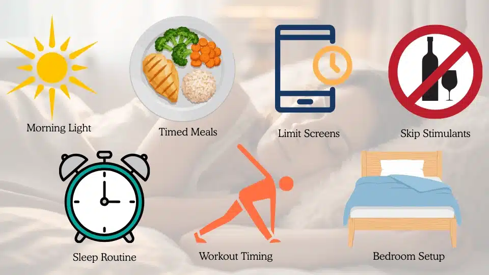 circadian rhythm interface showing icons for morning light, timed meals, limit screens, sleep routine, workout timing, and bedroom setup