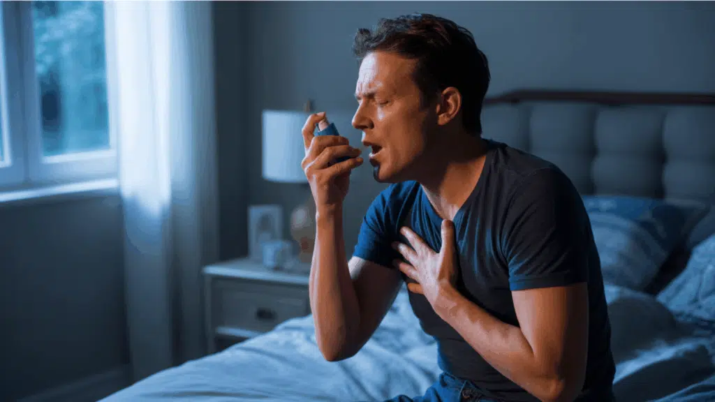 person sitting upright in bed at night using an asthma inhaler under soft bedroom lighting (1)