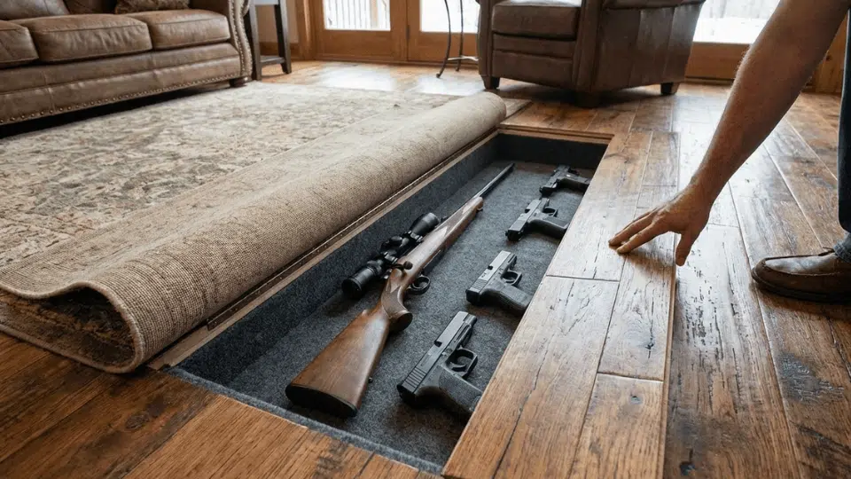 sliding hidden gun cabinet in the floor