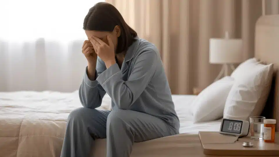 tired person sitting on the edge of a bed in a neutral bedroom with a stethoscope on the nightstand and morning light