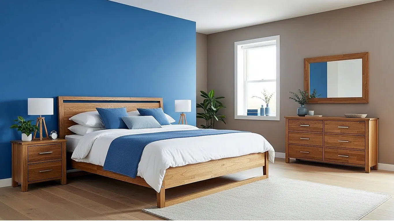 Cornflower bedroom décor, natural wood bedroom furniture and low platform bed.