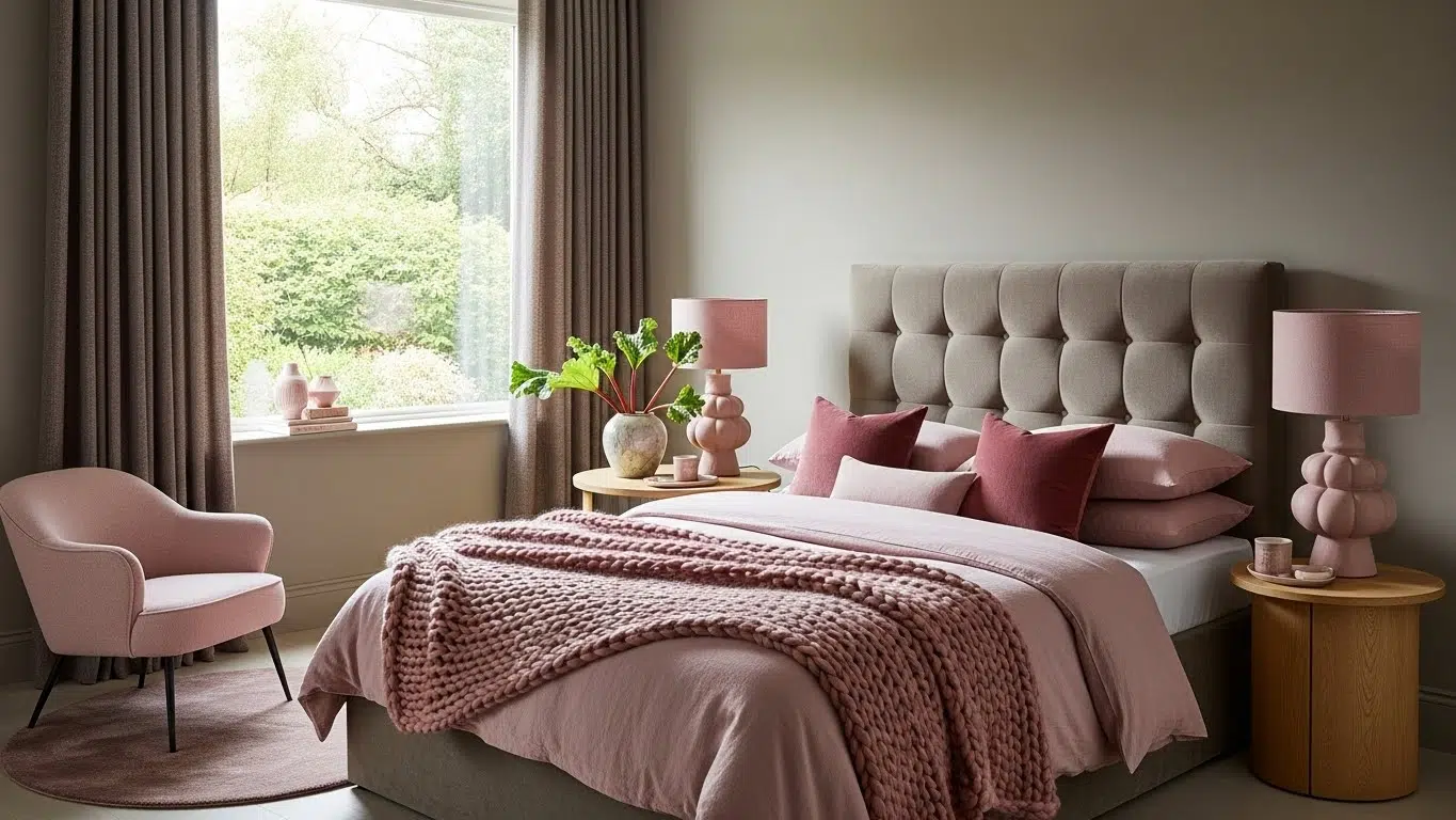Taupe bedroom décor with warm pinks and rhubarb accents.