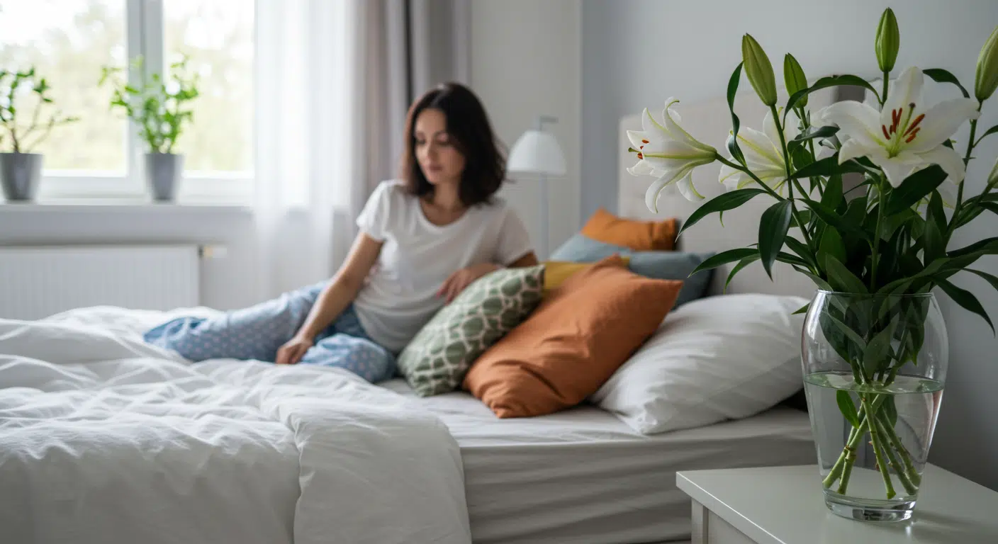 Calming warm toned bedroom colours and fresh flowers.