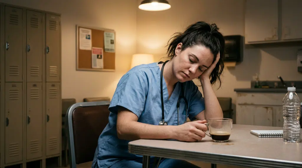 A nurse in scrubs sitting in a quiet break room, eyes closed, resting her head on her hand — conveying exhaustion and the need for rest