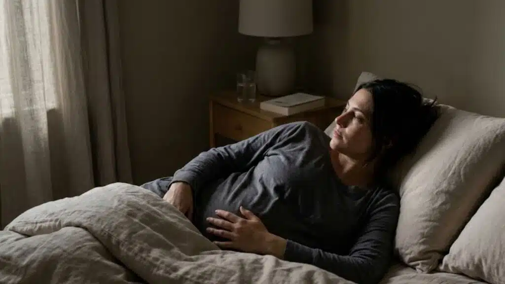 a woman in a sleep shirt lies awake in a dimly lit bedroom, resting her hand on her early pregnancy bump