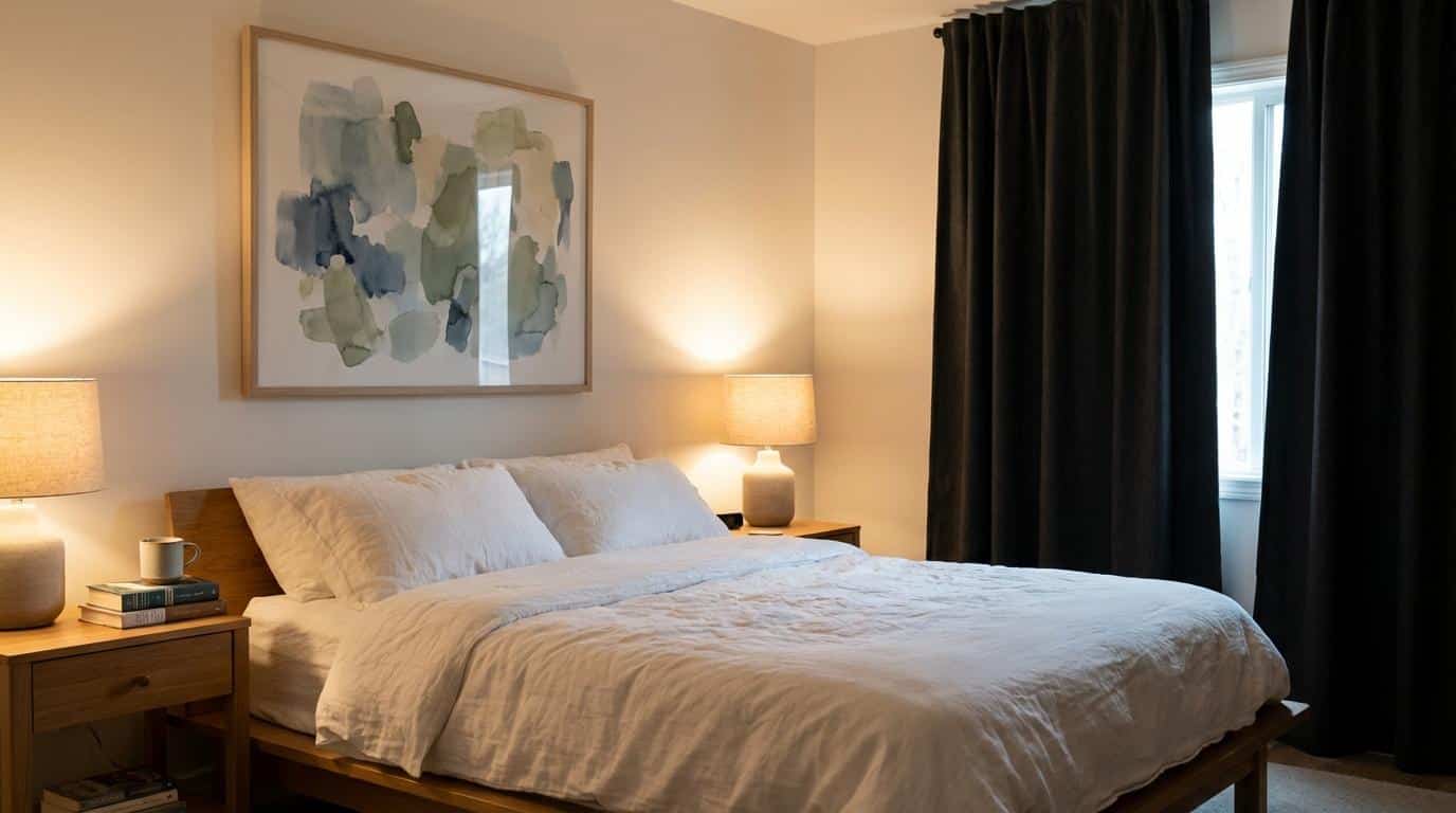 Bedroom with soft abstract art on the wall in blue and green tones, mood lighting, restful atmosphere