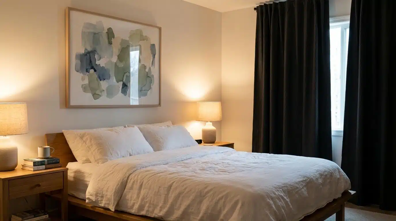 Bedroom with soft abstract art on the wall in blue and green tones, mood lighting, restful atmosphere