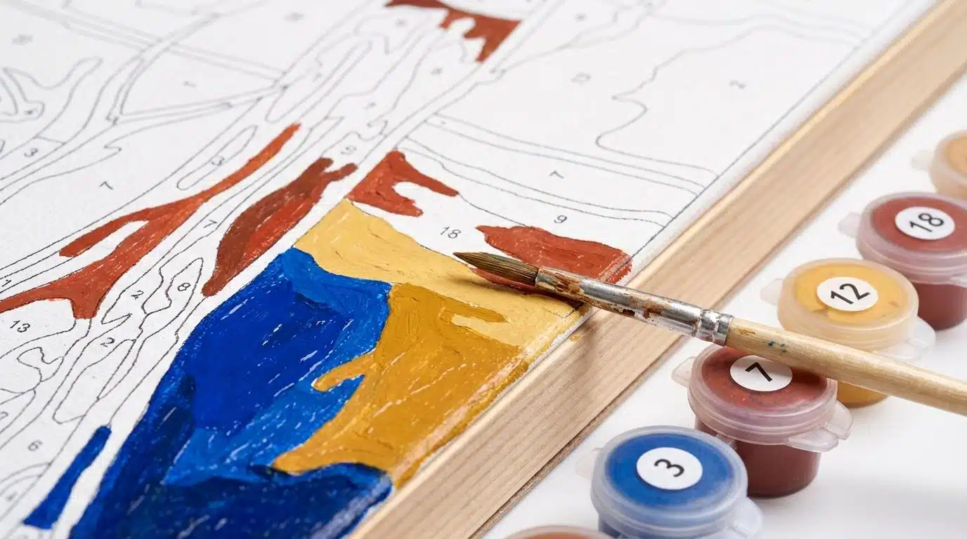 Close-up of a paint by numbers canvas in progress, showing numbered sections being filled with color