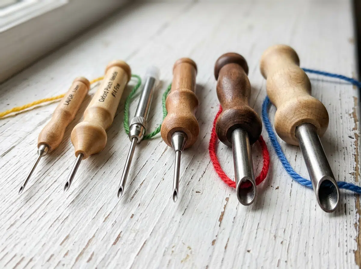 Close-up showing different punch needle sizes laid side by side, illustrating the range from fine embroidery needles to thick rug-weight needles