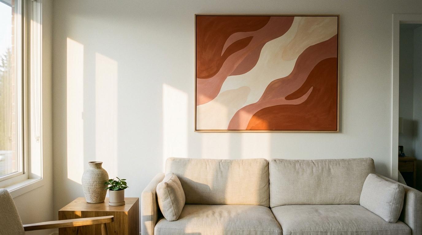 Finished abstract painting displayed above a bed or sofa in a styled, calming bedroom or living room