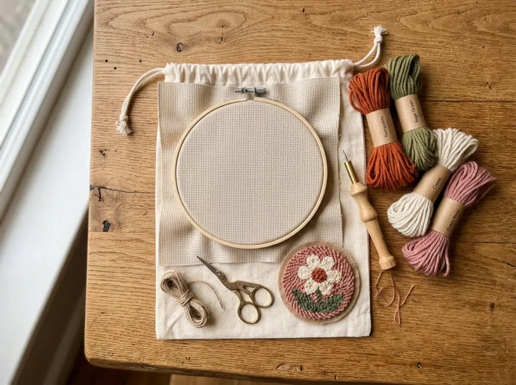 Flat lay of an open punch needle kit on a wooden surface showing punch needle tool, colorful yarn skeins, monk’s cloth stretched in an embroidery hoop, and a finished floral swatch