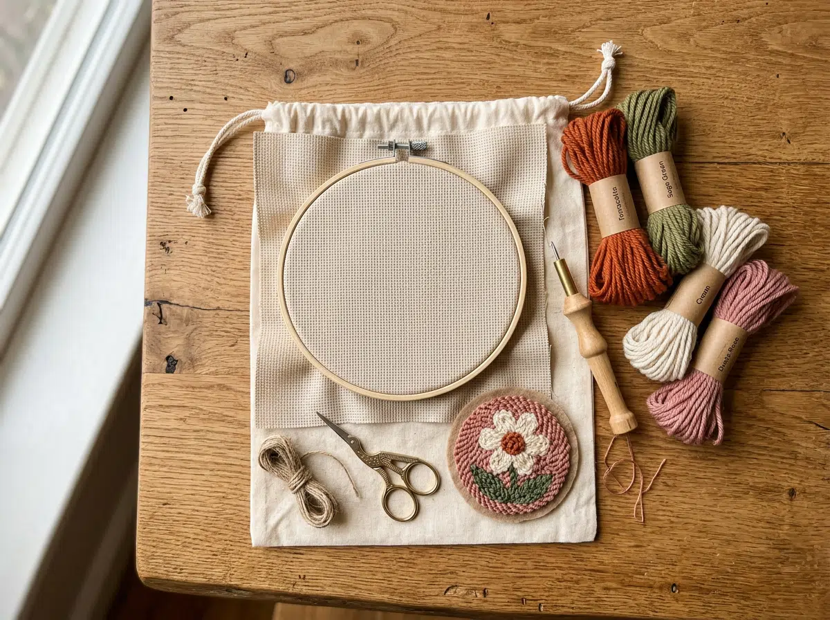 Flat lay of an open punch needle kit on a wooden surface showing punch needle tool, colorful yarn skeins, monk’s cloth stretched in an embroidery hoop, and a finished floral swatch