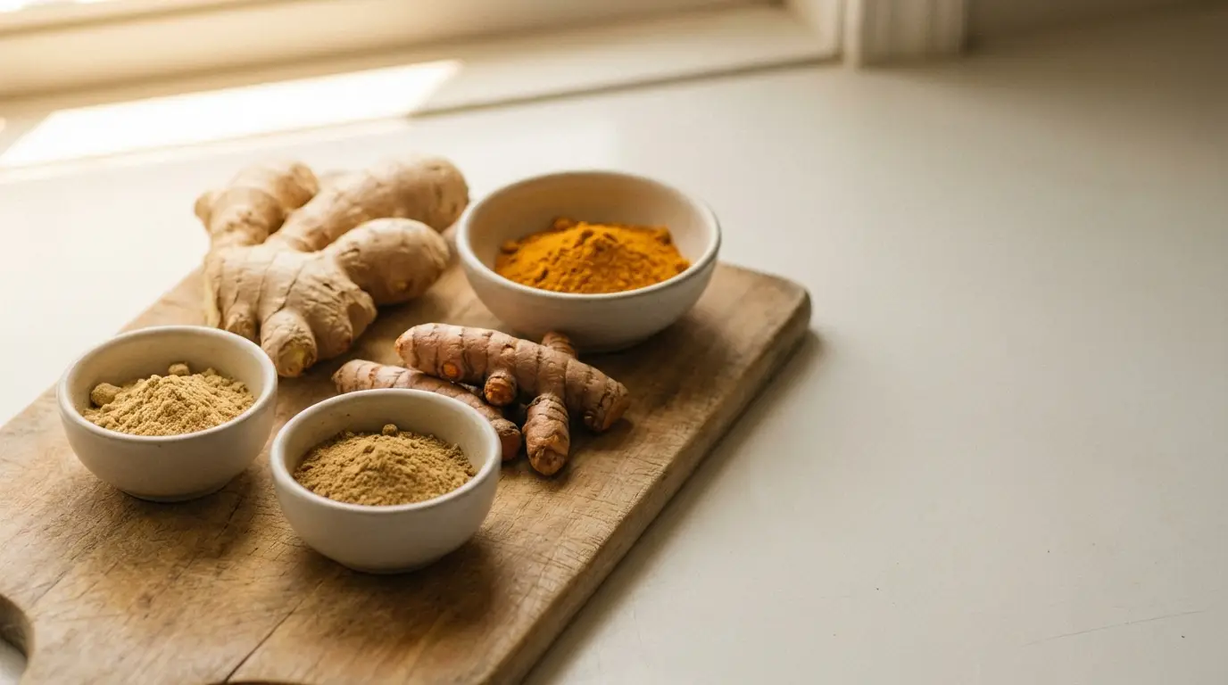 Ginger and turmeric roots with spice powders on wooden cutting board in bright kitchen