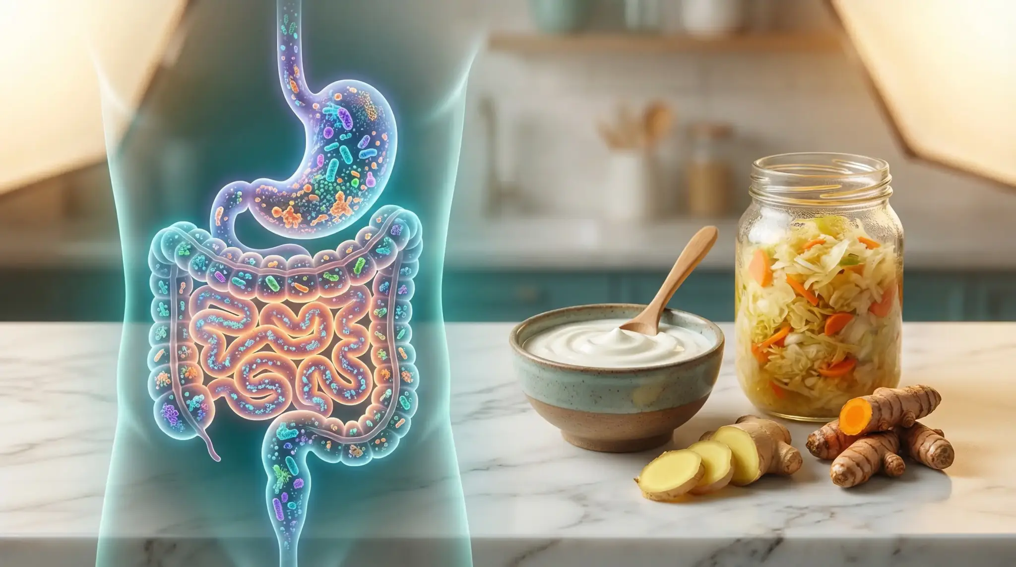 Illustration of digestive system with probiotics, yogurt, sauerkraut, ginger, and turmeric on marble countertop