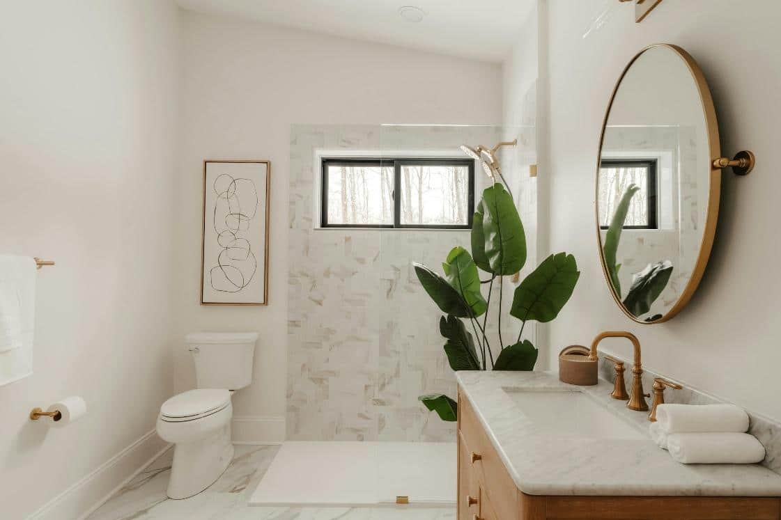Modern bathroom with marble accents and a large plant.