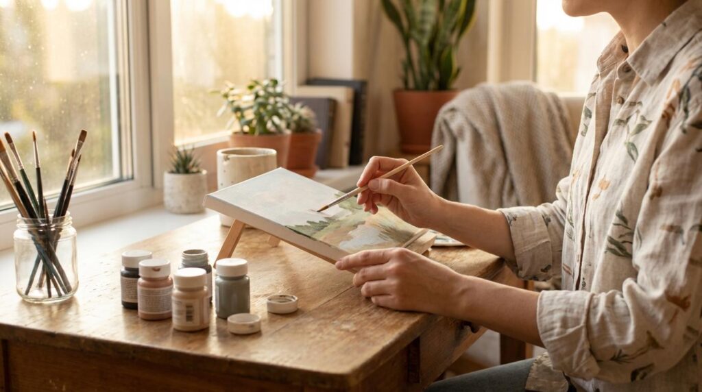 Person painting at a home table in natural light, brushes and canvas, calm and peaceful atmosphere
