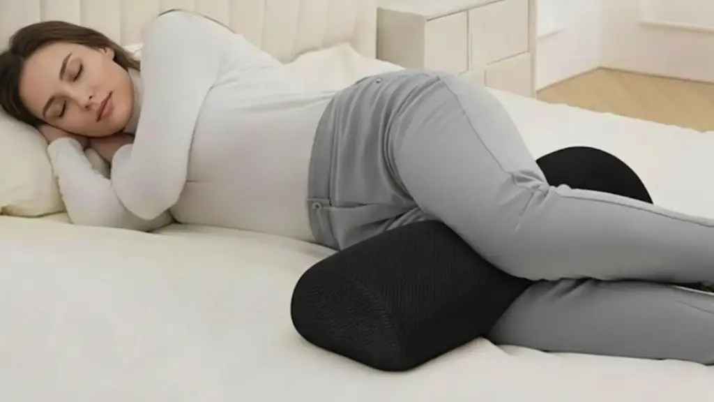 person with long brown hair, wearing a white long-sleeved shirt and grey pants, sleeping on their side on a white bed