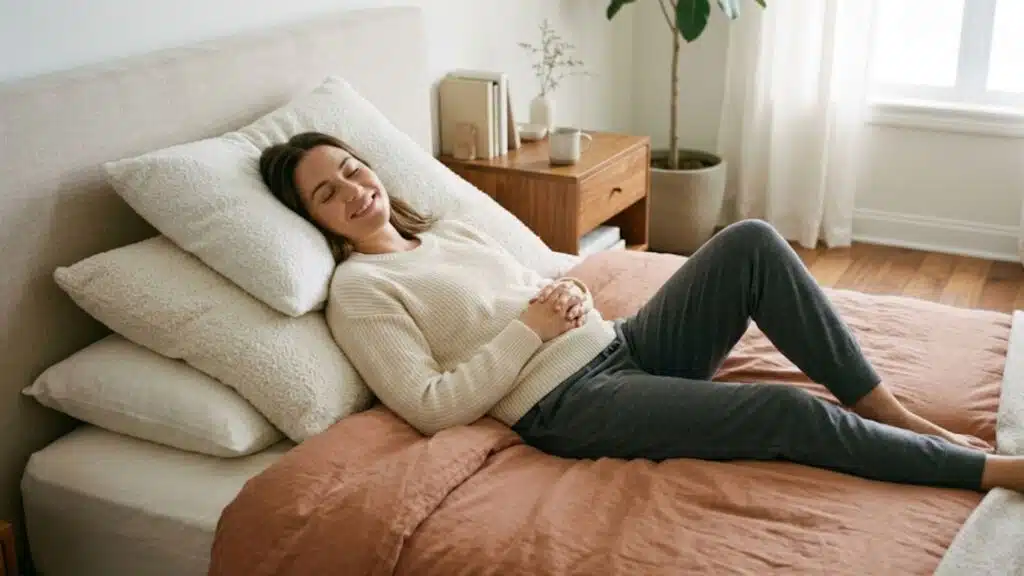 smiling woman rests in a reclined position on a bed, propped up by several pillows for comfort and elevation