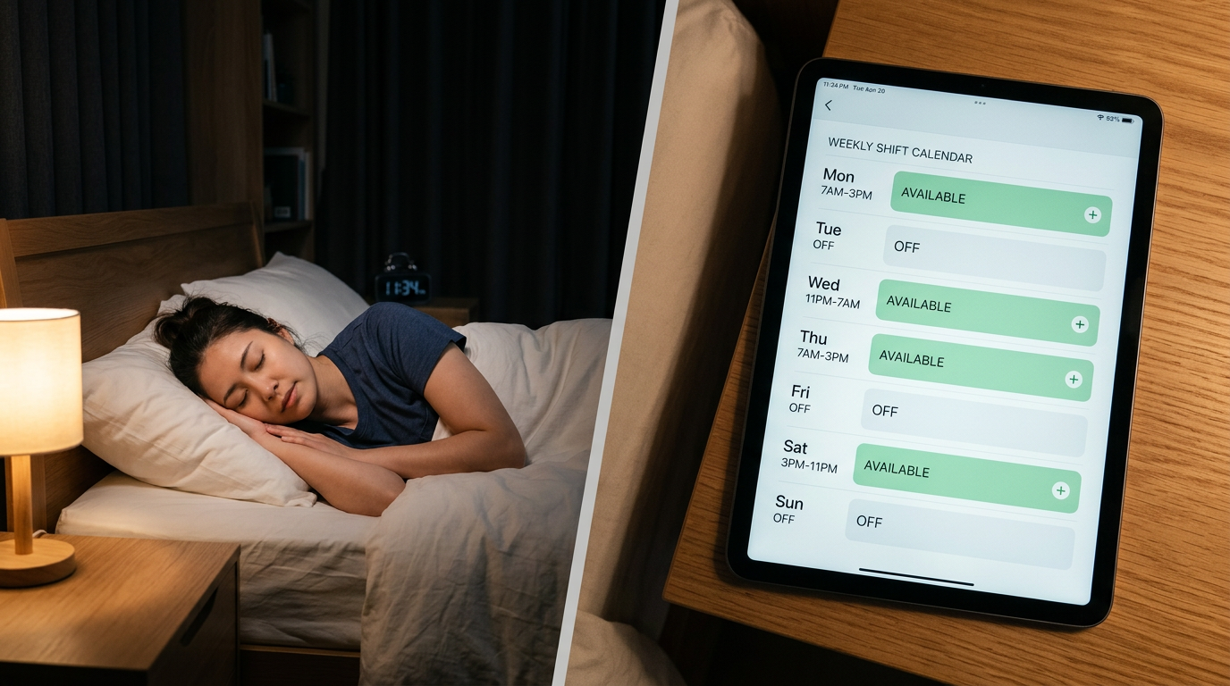 Split image showing a nurse peacefully asleep in a well-darkened bedroom on one side, and a digital scheduling interface with available shifts on the other — illustrating the connection between scheduling flexibility and quality rest