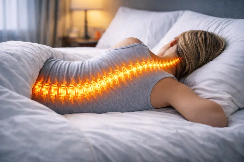 Woman sleeping on her side with highlighted spine illustrating spinal alignment during sleep