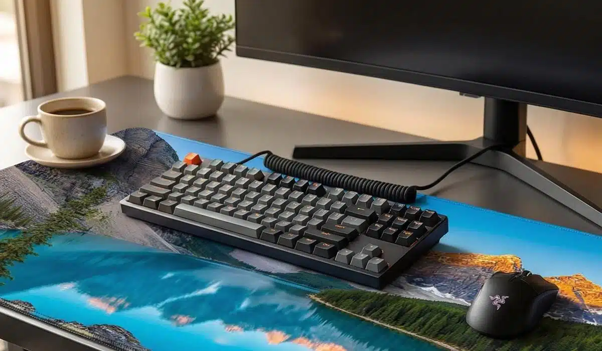 Mechanical keyboard on a large scenic mountain lake desk mat