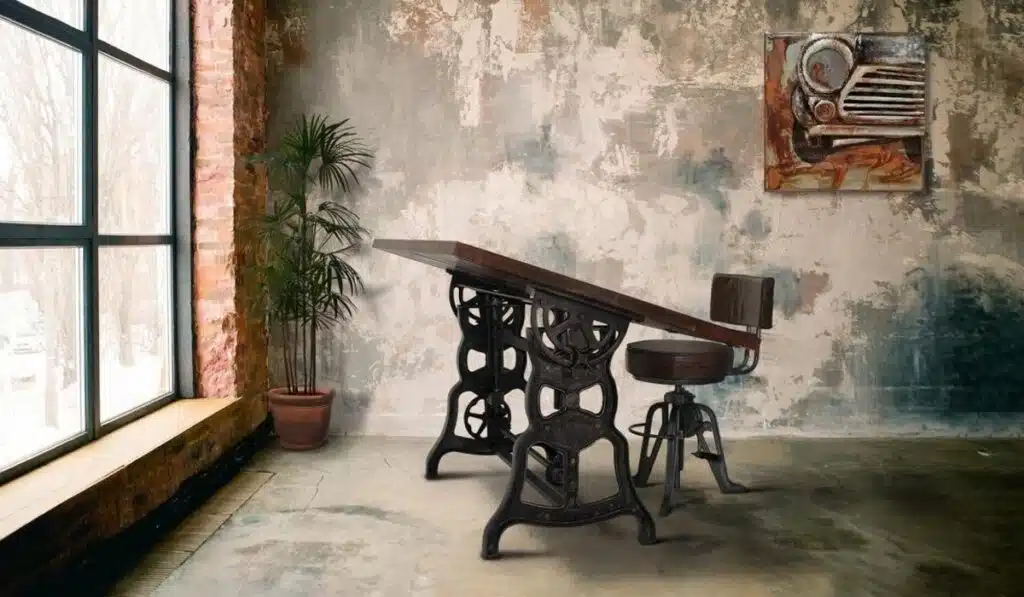 Vintage industrial drafting table with matching metal swivel chair