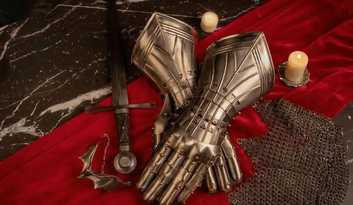 Medieval steel gauntlets and sword on red velvet cloth