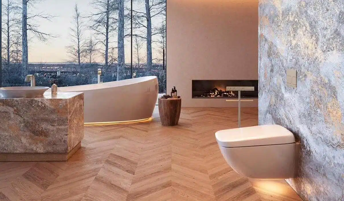 Luxury modern bathroom with freestanding tub and marble wall