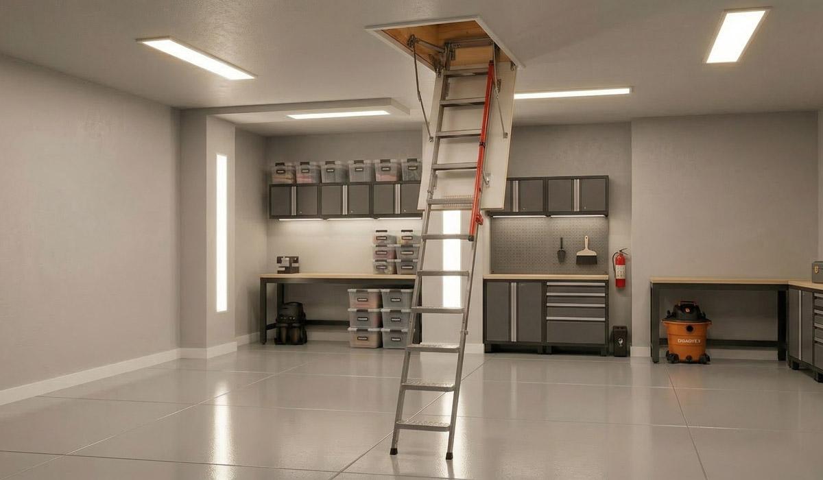 Organized garage workshop featuring a pull-down attic ladder