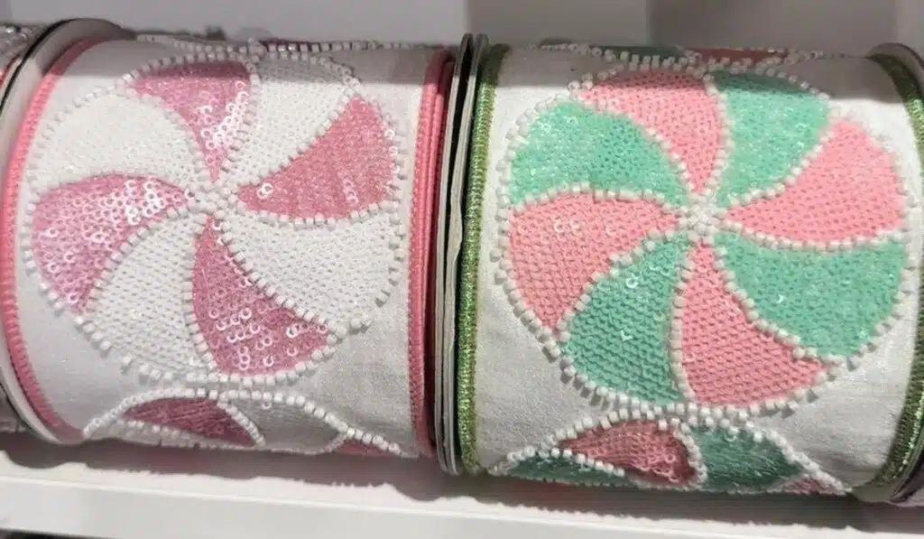 Pastel peppermint beaded ribbon rolls with sequins and embroidery