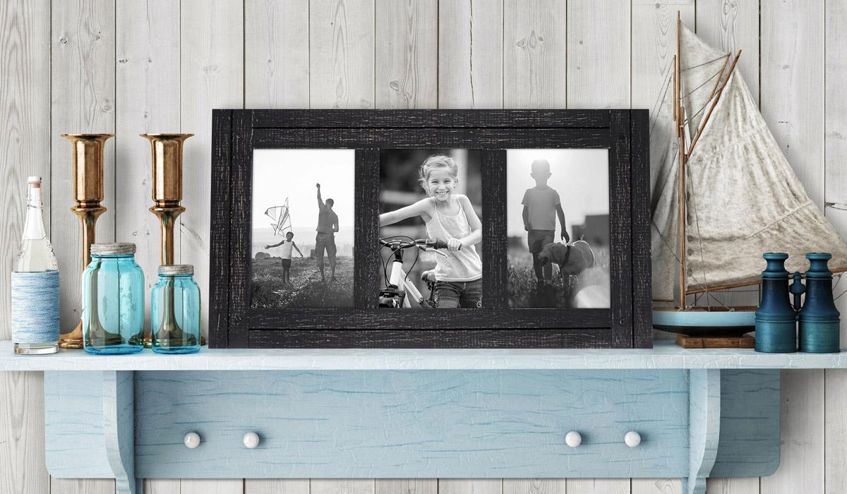 Rustic black triple photo frame on a blue nautical shelf