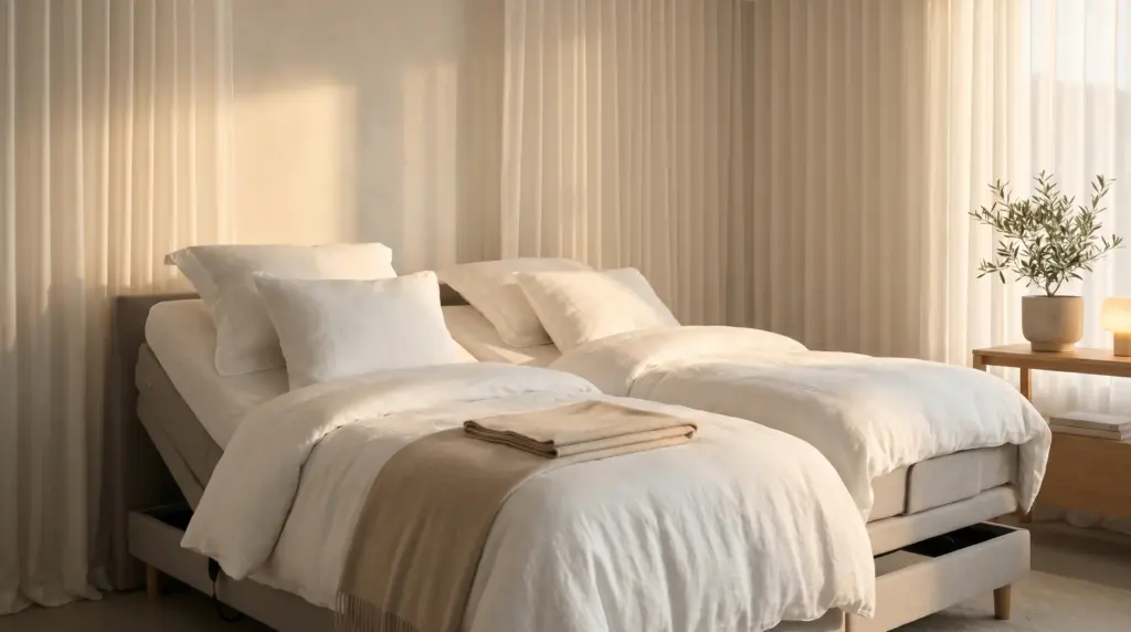 Twin adjustable beds with white linens in a sunlit bedroom with beige curtains and wooden nightstand