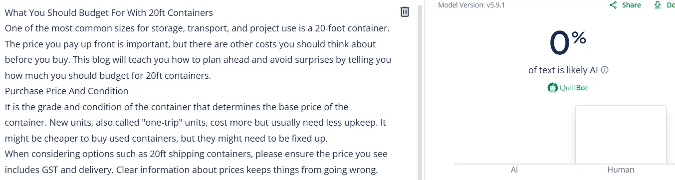 Screenshot of AI detection tool with 0% likelihood of text being AI generated