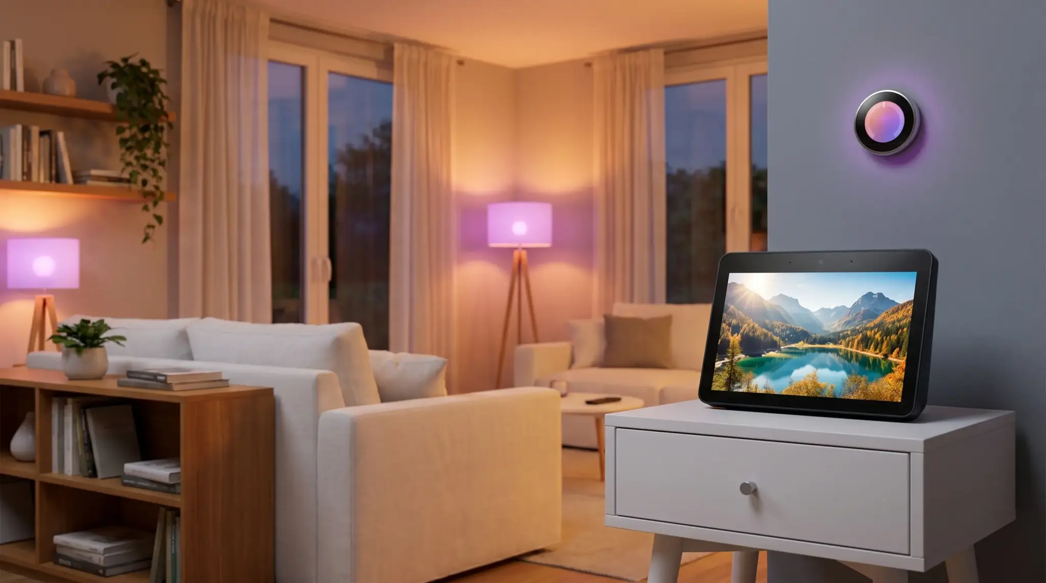 Smart home device displaying landscape on a white table in modern living room with purple lighting