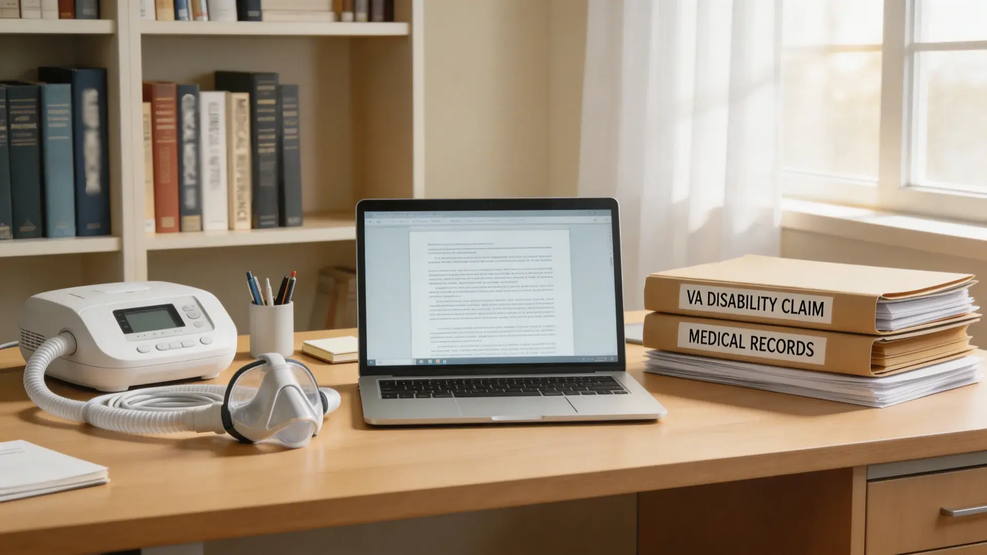 a desk with a cpap machine, laptop, and va disability claim and medical records folders near a window