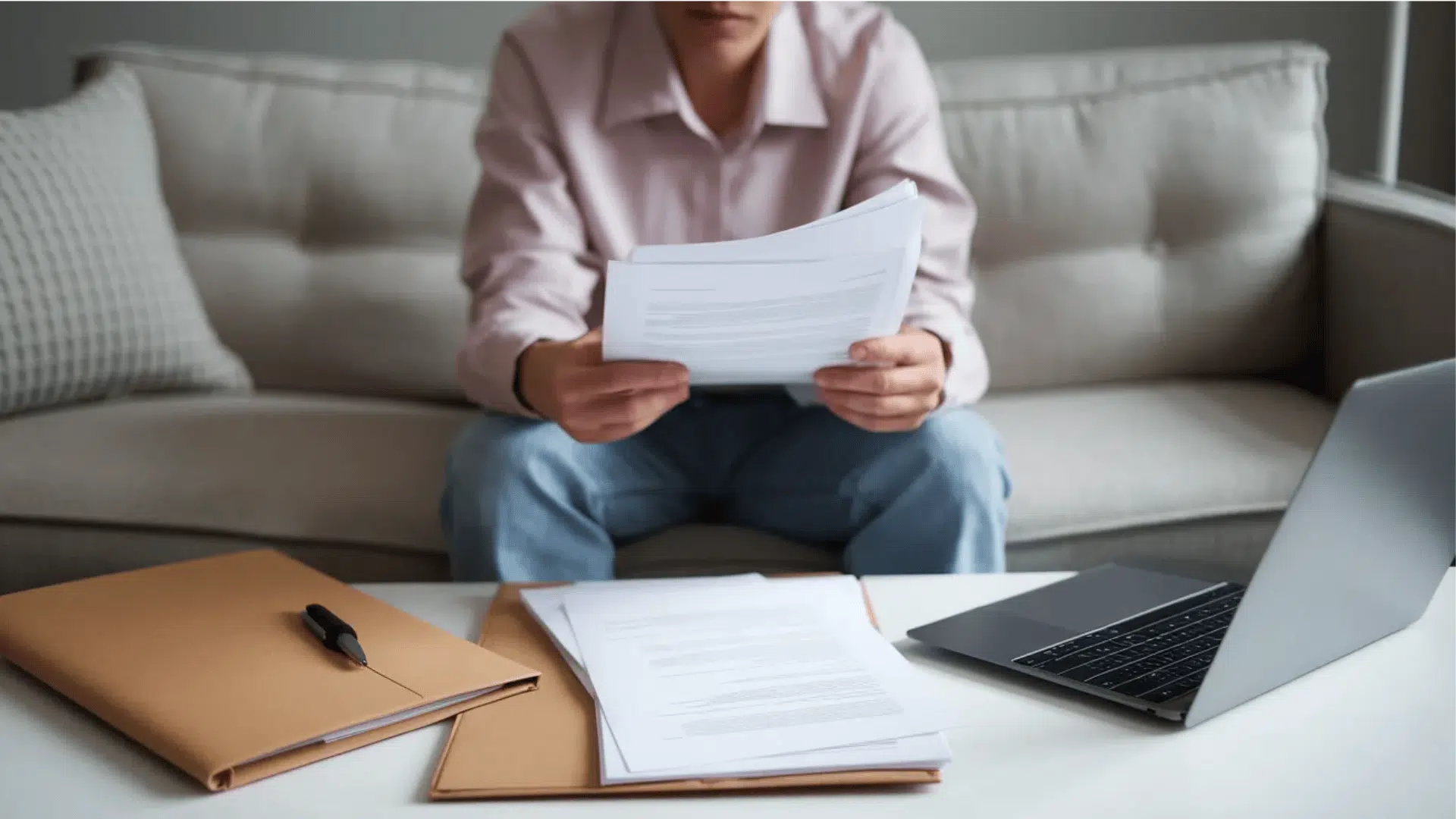 A person reviewing paperwork and working on a laptop, likely preparing or improving a VA claim