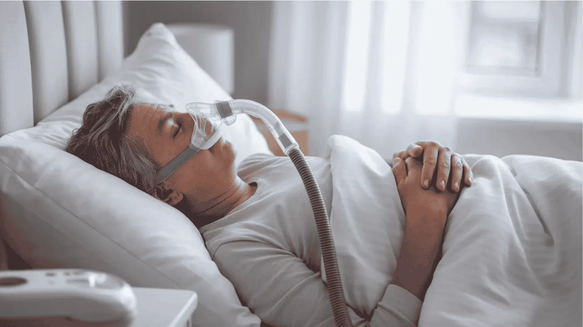 A person wearing a CPAP mask while sleeping in bed, likely managing sleep apnea for improved breathing