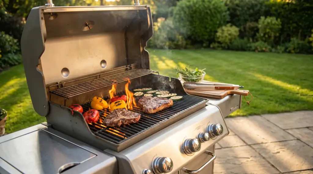 Steaks and vegetables grilling on a gas barbecue in a sunny backyard setting