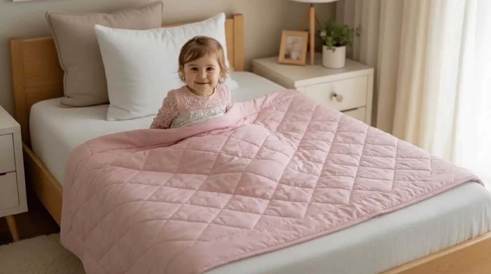 a young child smiling while sitting on a bed, wrapped in a soft pink quilt, with a cozy and bright bedroom background