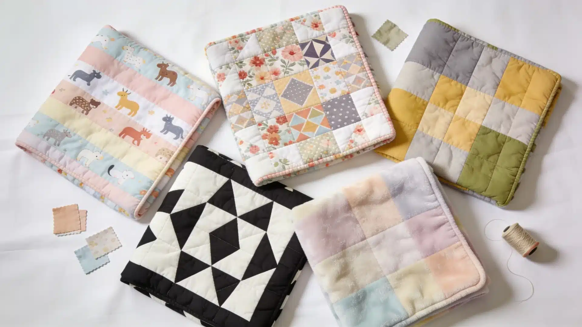 assorted baby quilts with animal prints, floral patterns, geometric shapes, and soft pastel tones, with thread nearby