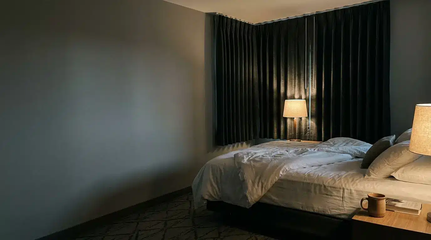 Cozy bedroom with unmade bed and warm lighting from table lamps