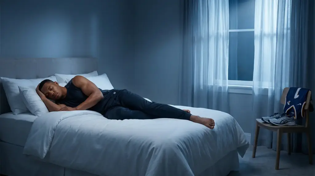 Person sleeping on a bed in a dimly lit room with a chair holding clothes and shoes nearby