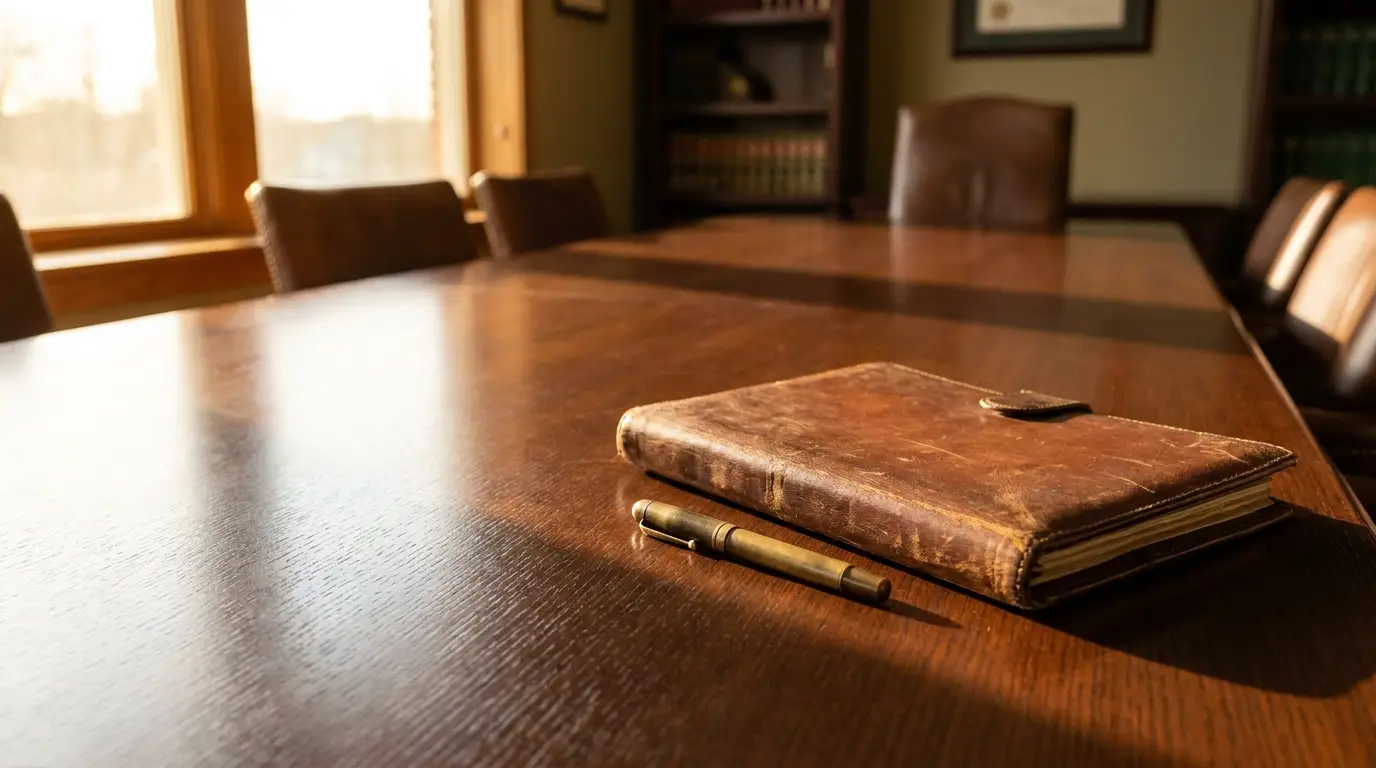 Rustic leather notebook and pen on polished wooden conference table in sunlit office setting