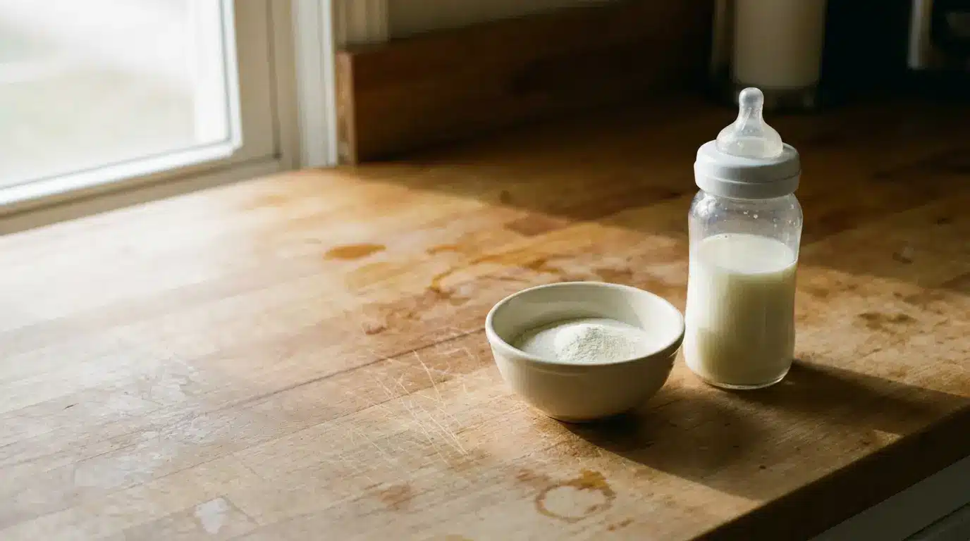 Baby formula powder and bottle on wooden kitchen counter under natural light