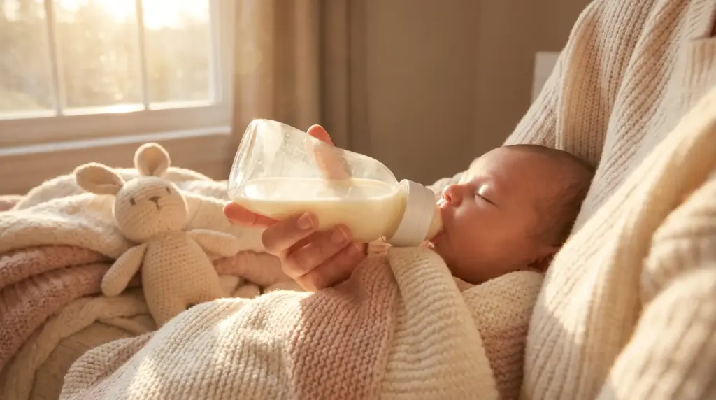 Newborn baby drinking from bottle in parent's arms, cozy blanket, soft natural light