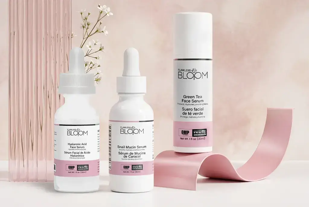 Three face serum bottles with pink and white design on marble surface with floral decor