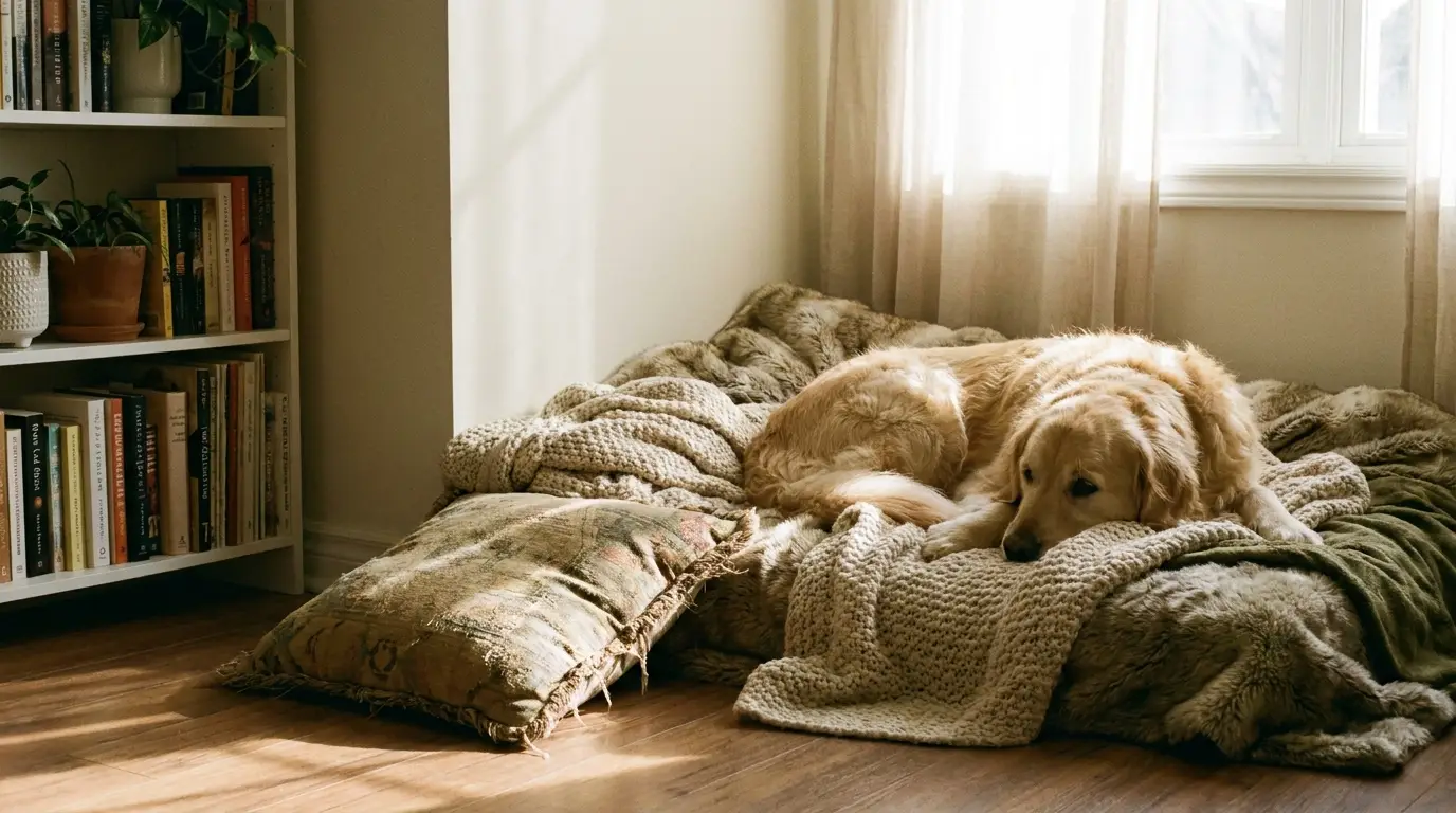 Golden retriever resting on cozy blankets in sunlit room with bookshelves and houseplants
