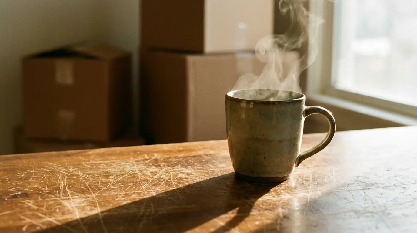 Steaming ceramic mug on scratched wooden table near cardboard boxes in natural daylight