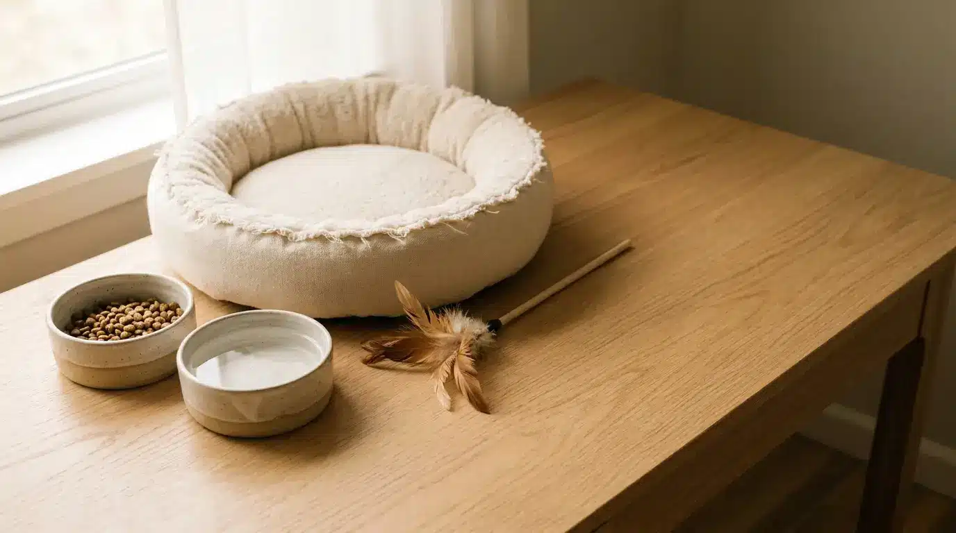 Cozy beige pet bed with food and water bowls on wooden table